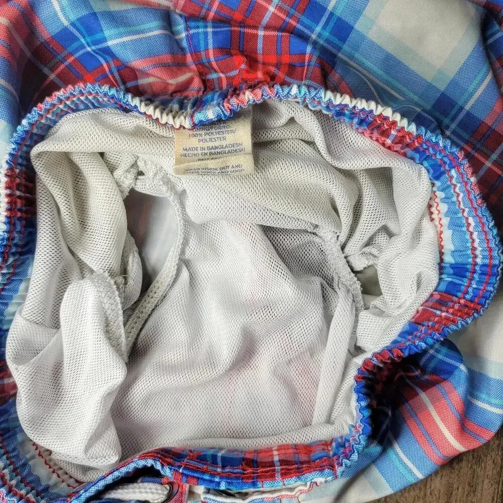 OP Baby Boy Board Shorts Swim Trunks Blue Red White Plaid Size 18m NWOT